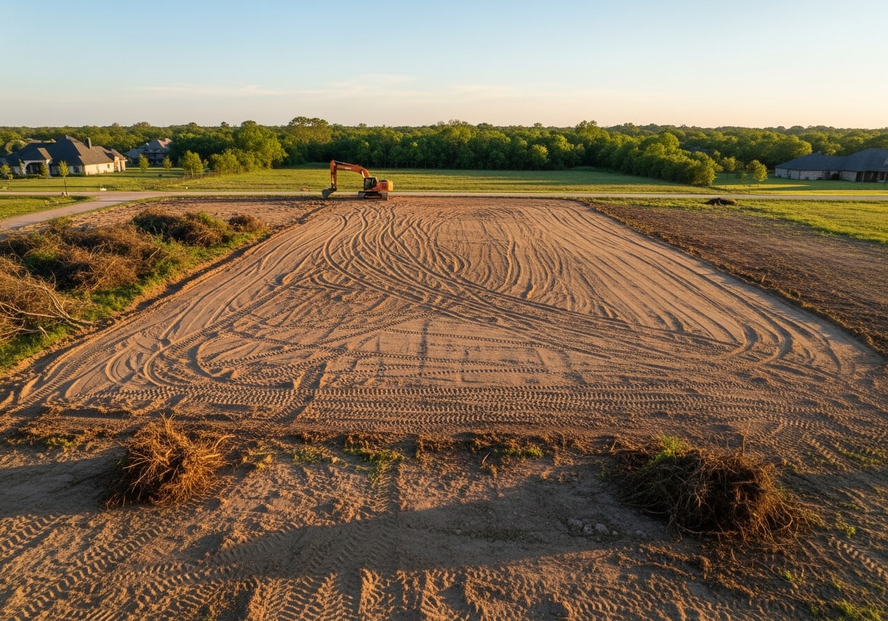 Cleared 2.5-acre lot in Cypress with graded soil ready for construction