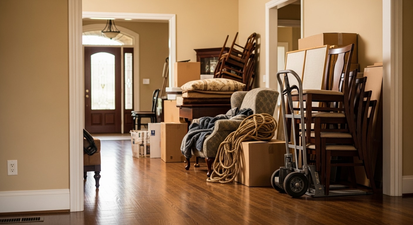 A cleared living room inside a large Cypress, Texas single-family home after a full estate cleanout, with empty floors and no remaining furniture or belongings. The space is clean and ready for the next occupant or real estate listing.