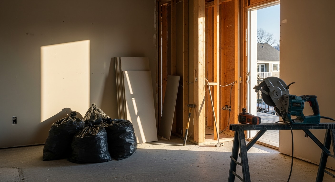 Interior demolition in progress inside a Cypress, TX residential property, with walls stripped to the studs and debris staged for removal. The exterior shell remains intact while the interior is cleared for a full remodel.