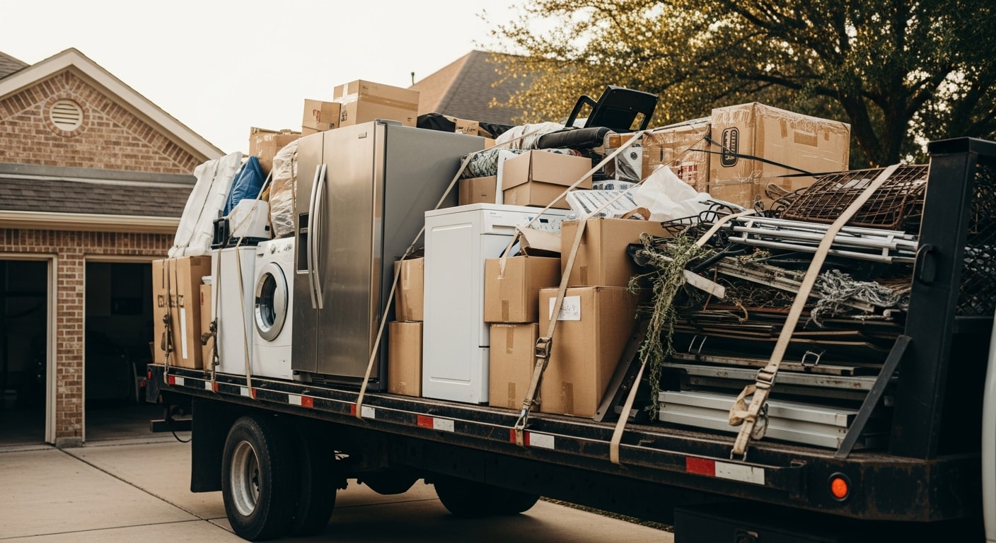 A cleared residential garage in Cypress, TX after junk removal, with empty floor space where old furniture and appliances previously sat. A 5 Star Site Services truck is visible in the driveway loaded with hauled items.