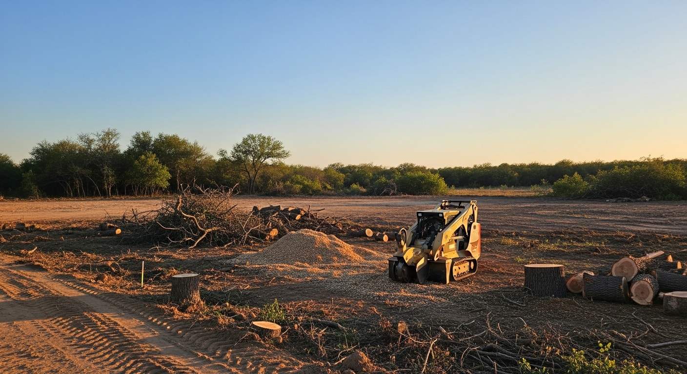 A cleared residential lot in Cypress, TX with all trees, brush, and stumps removed, showing bare level ground ready for construction. Heavy equipment is visible at the edge of the site with a clean debris-free surface extending across the full parcel.
